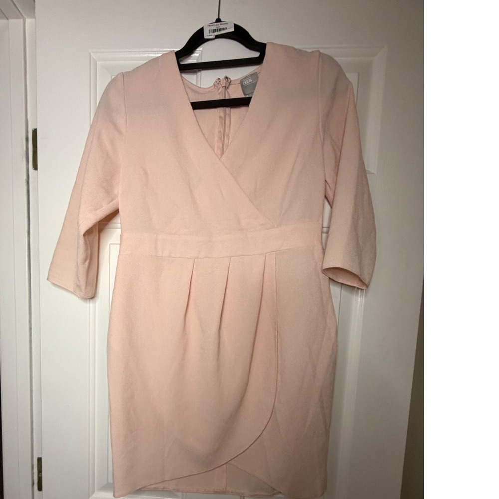 ASOS Blush Pink Wrap V-Neck Tulip Skirt Cocktail Dress 3/4 Sleeve US 6